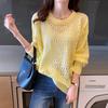 Womens Crochet Knit Top Lightweight Loose Fit Round Neck Pullover Sunshield Blouse