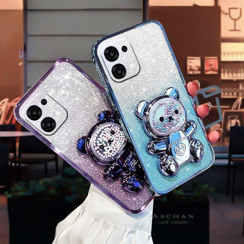 Чехол для OPPO A6 Pro с градиентом, 3D-медведь, складная подставка-кронштейн, роскошный, тонкий, с покрытием, блестящий, для девочек, задняя крышка для OPPO A6 Pro