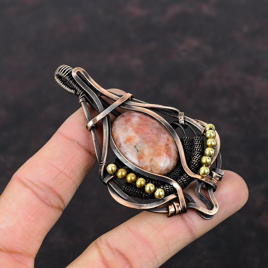 Подвеска Sunstone, обернутая медной проволокой, подвеска из драгоценных камней Sunstone, ювелирные изделия, изящная подвеска, подвеска ручной работы, обернутая медной проволокой, ювелирные изделия, подарок для него