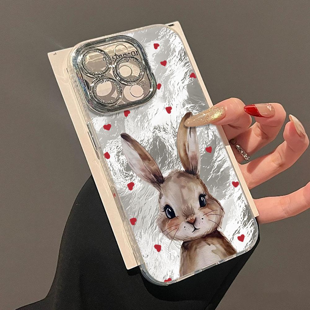 Милый Чехол с Сердечком и Кроликом, Текстура Ледника, Для iPhone 17 Air 16 15 14 13 12 11 Pro Max Plus 16E, С Защитной Крышкой для Объектива