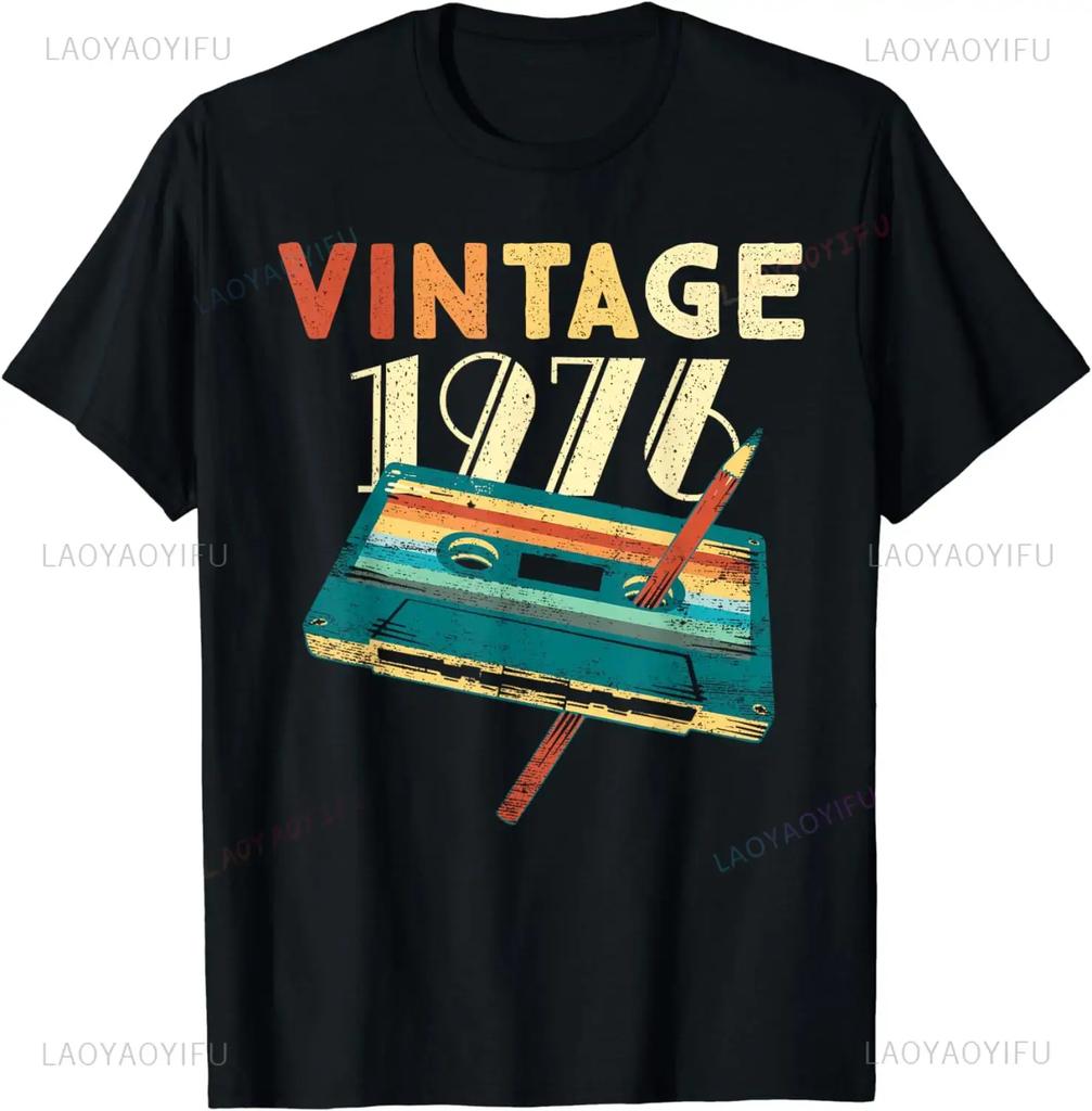 Vintage 1976 Music Cassette 48th Birthday Gifts 48 Years Old T-Shirt Graphic Custom Printed Short Sleeve Shirts Men Clothing