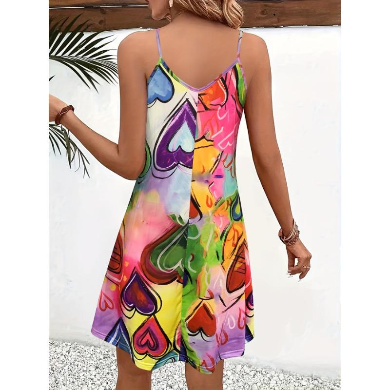 Платье-комбинация с сердечным принтом, повседневное летнее платье без рукавов с V-образным вырезом для отпуска, женская одежда