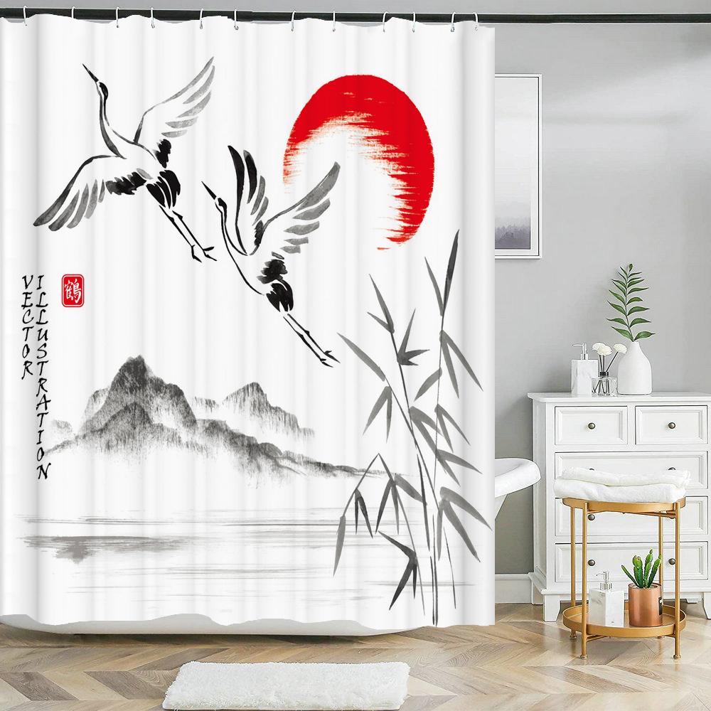 Цветы в японском стиле Слива Шторки для душа Занавеска для ванной Тканевая Водонепроницаемая Полиэстеровая Занавеска для ванной с крючками