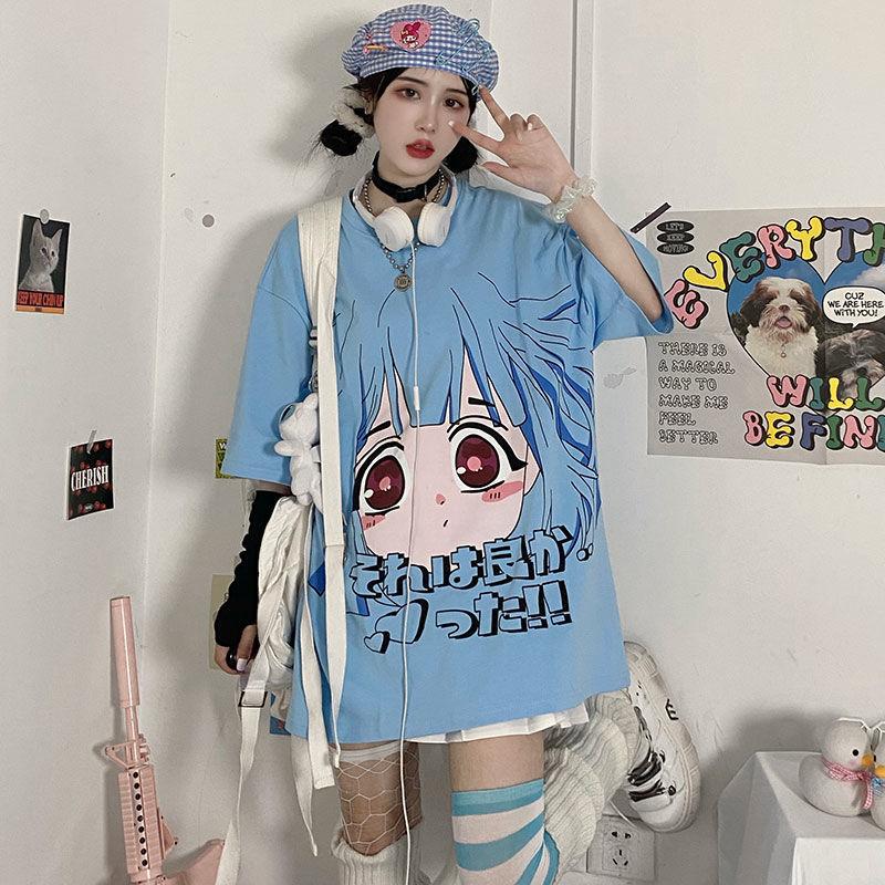 Футболка с принтом аниме для девушек из Японии, летняя синяя, симпатичная, Y2k, женские мешковатые вещи, двухмерная уличная одежда, кавайные футболки