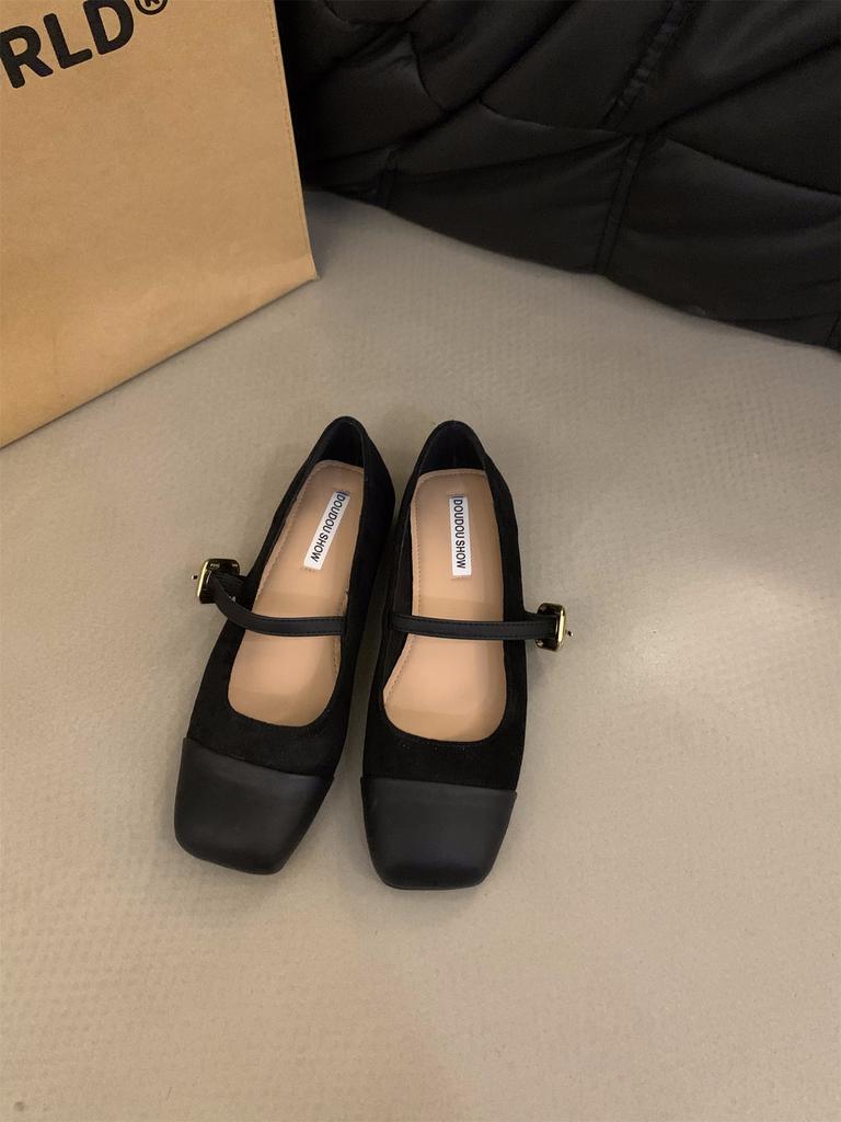 Flat Bottom Square Head Splicing Mary Jane Single Shoes Women's Shoes 2024 New Spring, Autumn and Winter French Retro Suede Evening Shoes