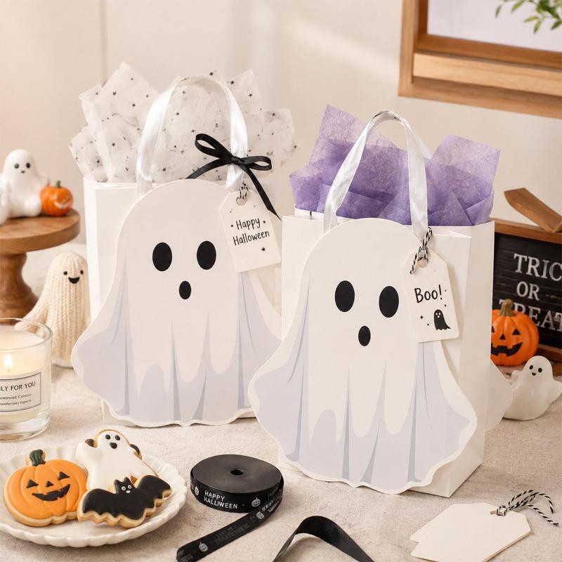 Halloween Ghost Candy Bags Trick or Treat Paper Gift Bag with Handle Kids Party Favors Packaging Storage Handbags Holiday Decor