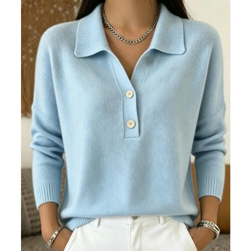 Women S Knitted Buttoned Lapel Loose Casual Long Sleeve Sweater