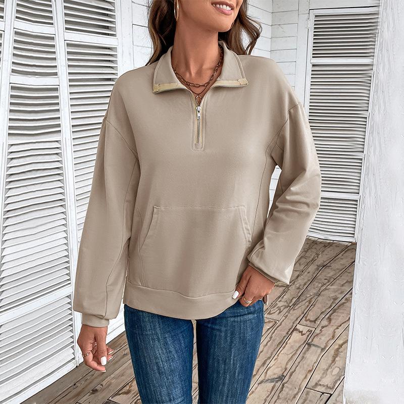 Women's Fashion Casual Fall Winter Solid Color Print Long Sleeve POLO-Neck Pullovers & Long Sleeves