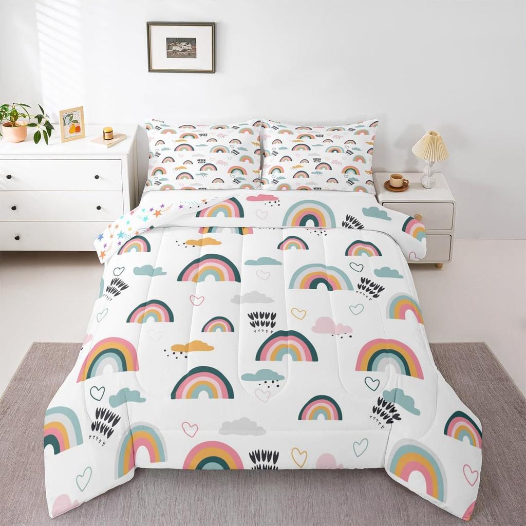 Erosebridal Girls Rainbow Bedding Set, Sun and Stars Comforter Set Twin for Kids Boys Children Cartoon Cloud Bedding Comforters Girly Soft M