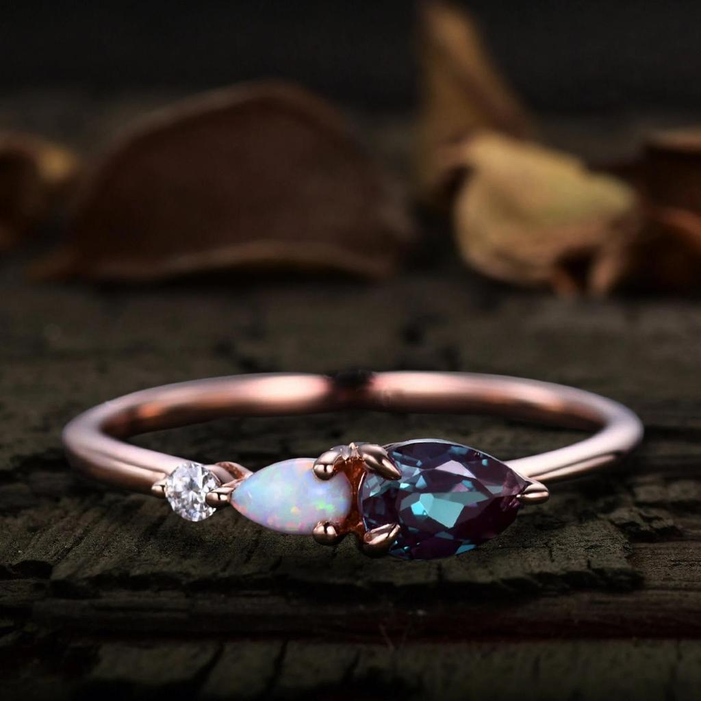 Vintage Pear Cut Alexandrite Opal Ring: Art Deco Cubic Zirconia Wedding Band: Rose Gold Plated 925 Sterling Silver Ring