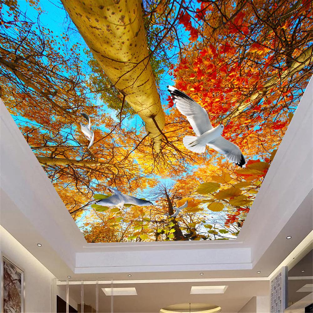 3D потолочные обои осенние листья белые голуби природа пейзаж потолочные фрески для гостиной спальни домашний декор