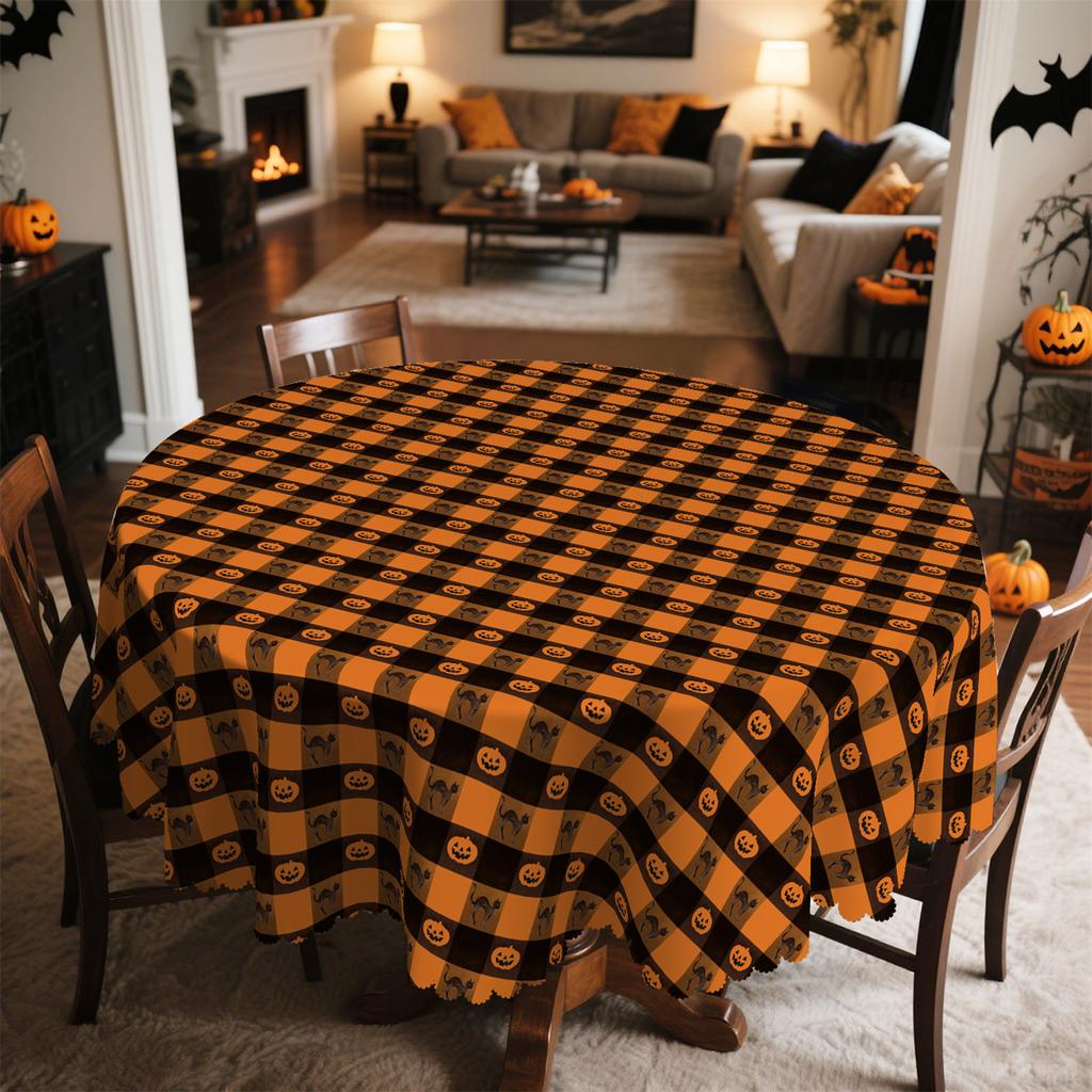 Grid-shaped pumpkin and frightened black cat Halloween tablecloth, suitable for rectangular and round dining tables. yzb