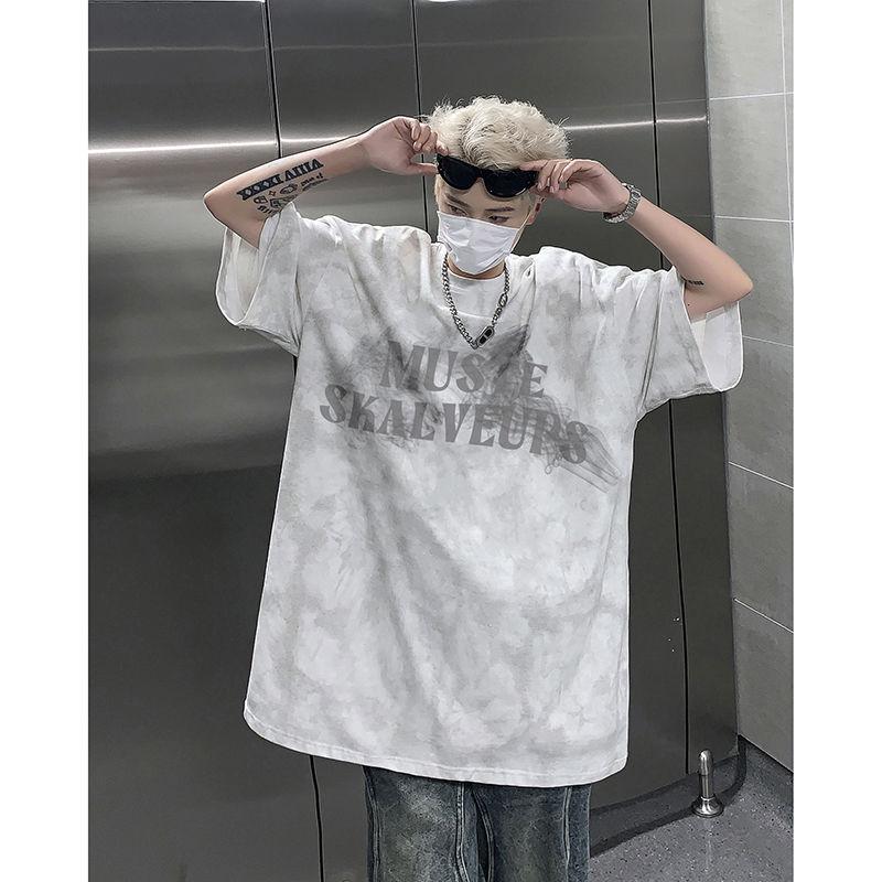 Летняя футболка в американском стиле большого размера с узором «тай-дай» и потертостями, мужская свободная повседневная футболка High Street Top, мужская одежда Y2K