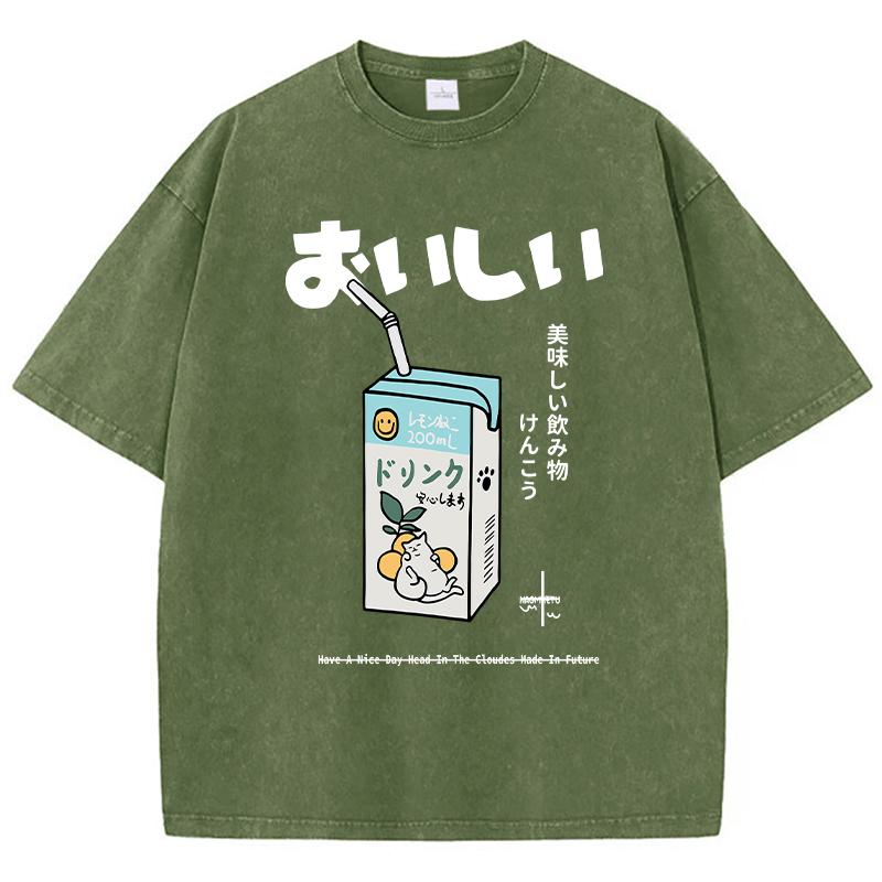 Повседневная женская хлопковая стираная футболка с принтом в виде мультфильма «Питьевой напиток» с коротким рукавом и свободным круглым вырезом, винтажная женская одежда