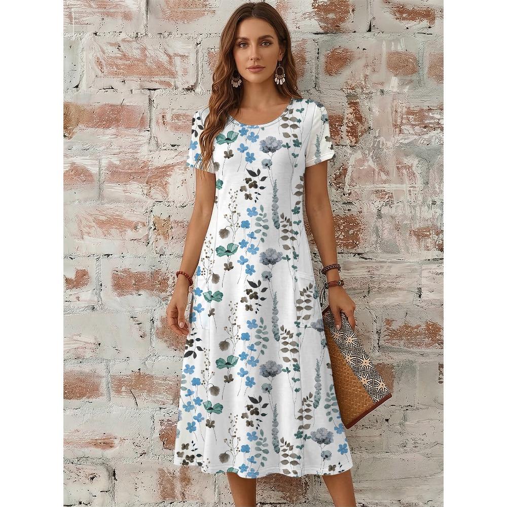 Ladies Casual Dress - Floral Flower Pattern Print - Crew Neck Short Sleeve Pocket Long Dress