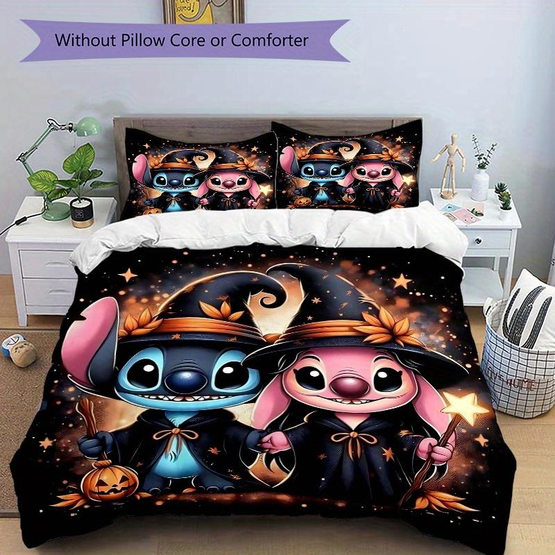 3pcs Stitch & Angel Witch Halloween Bedding Set - Includes Quilt Cover and Pillowcases, Suitable for All Seasons, Machine Washable - Ideal Gift f