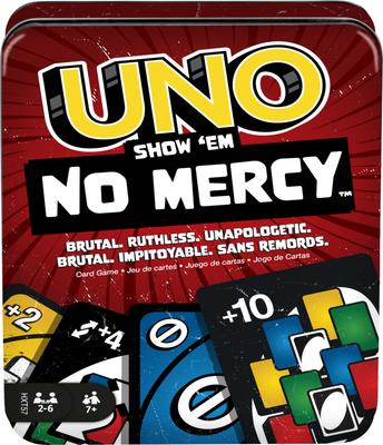Mattel Games Карточная игра UNO Show ’em No Mercy – Жестяная коробка для хранения и путешествий, Семейный вечер для детей и взрослых, Дополнительные карты со специальными правилами