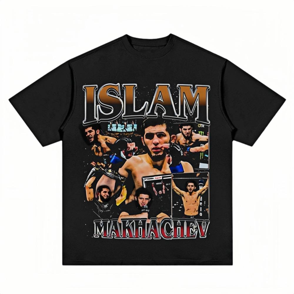 Графическая футболка Islam Makhachev 2026 для мужчин Оверсайз Уличная одежда Свободный крой Ретро Круглый вырез Мерч для фанатов Повседневная футболка