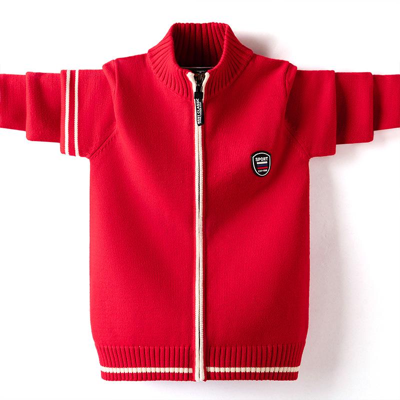 Красный вязаный кардиган на молнии для мальчиков: На флисовой подкладке, из чистого хлопка, толстый шерстяной для осени/зимы