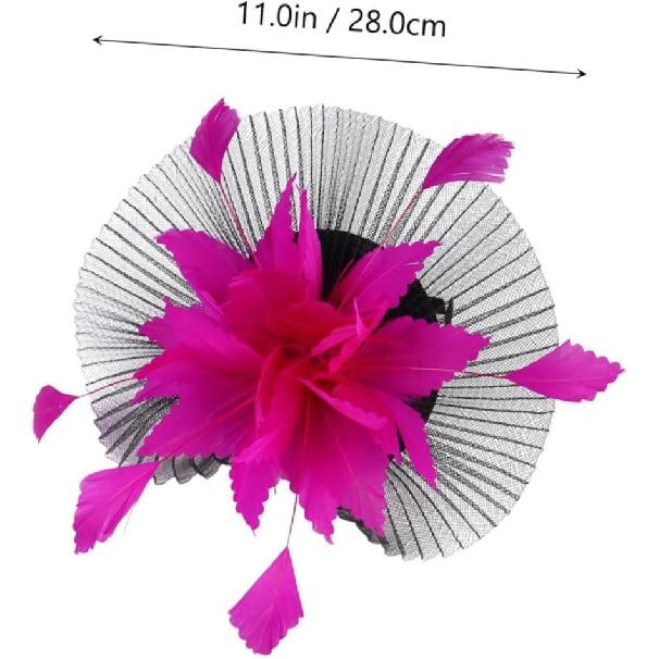 Yardwe Bridal Mesh Veil Headband with Plume, Black and Fuchsia Wedding Tops Hat for Women, Tea Party and Horse Racing Special Occasion Accessory
