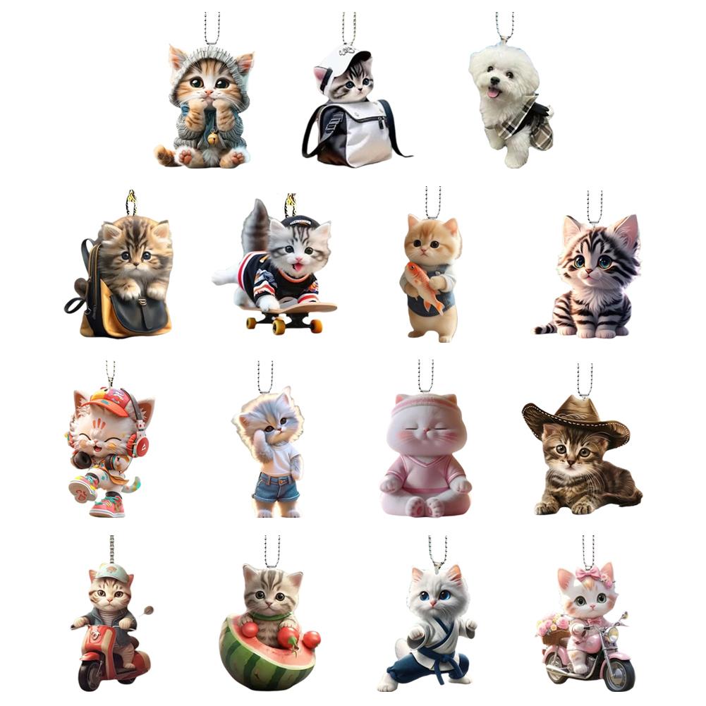 2D Car Pendant Hanging Ornament With Chain Realistic Hanging Interior Car Cat-Shaped Decor Mirr W3P9