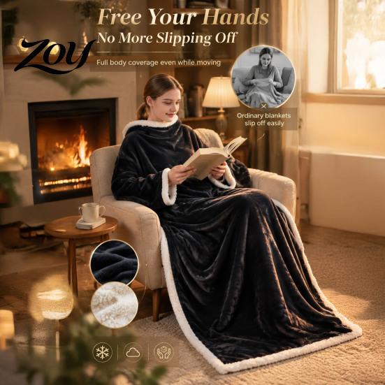 Skin Friendly Winter Blanket Flannel Wearable with Sleeves, Adults Fleece Lined Kangaroo Pocket, Soft Polyester for Cozy Plush Wrap Cold Days