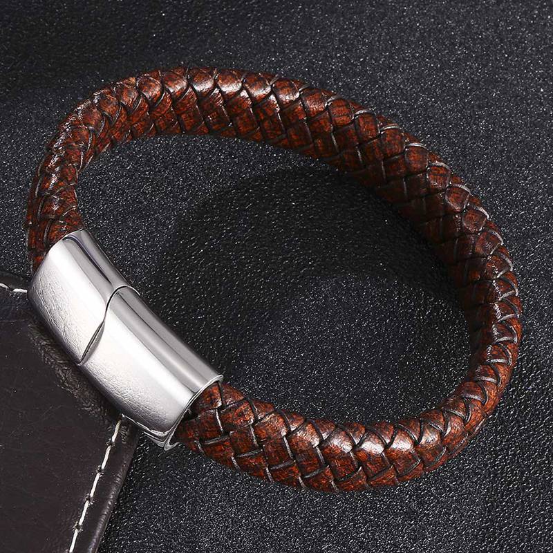 Vintage Men Jewelry Braided Leather Bracelet Stainless Steel Clasp Fashion Bangles Wristband Jewelry Gifts