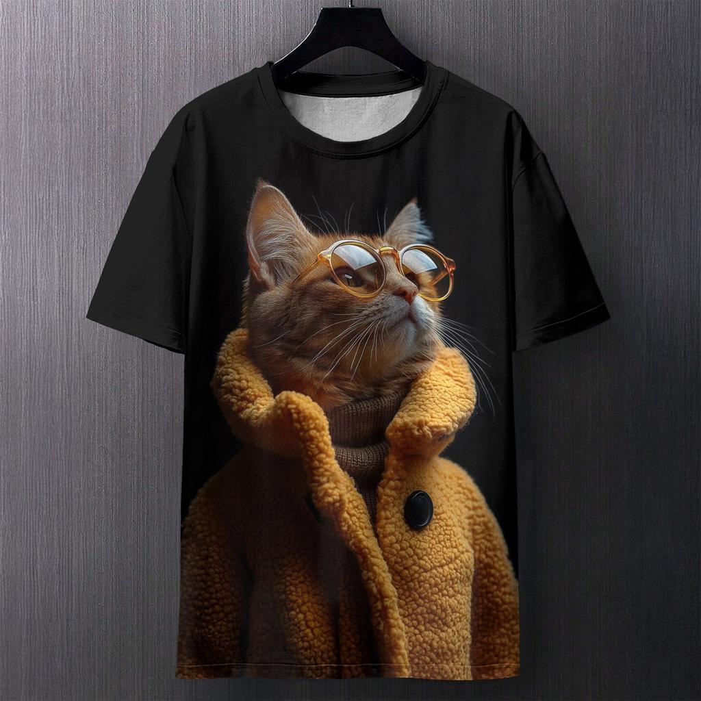 Fun Cat Pattern Printed T-shirt Summer Casual Loose Round Neck Short Sleeved Men's T-shirts