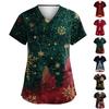 Women's Christmas Printed  Uniform Work Uniform V Neck Pocket Protective Uniform
