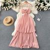 French Sexy Hollow Out Irregular Slim Beach Pleated Dress Women Seaside Holiday New Fashion Sleeveless Bohemian Clothes