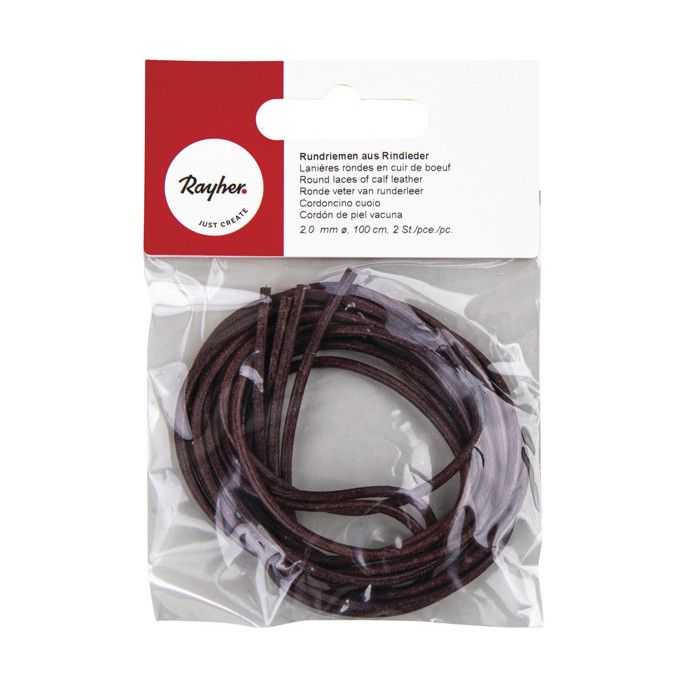 Lanières rondes en cuir de boeuf, 2mm ø, brun foncé, 100 cm, 2 pièces