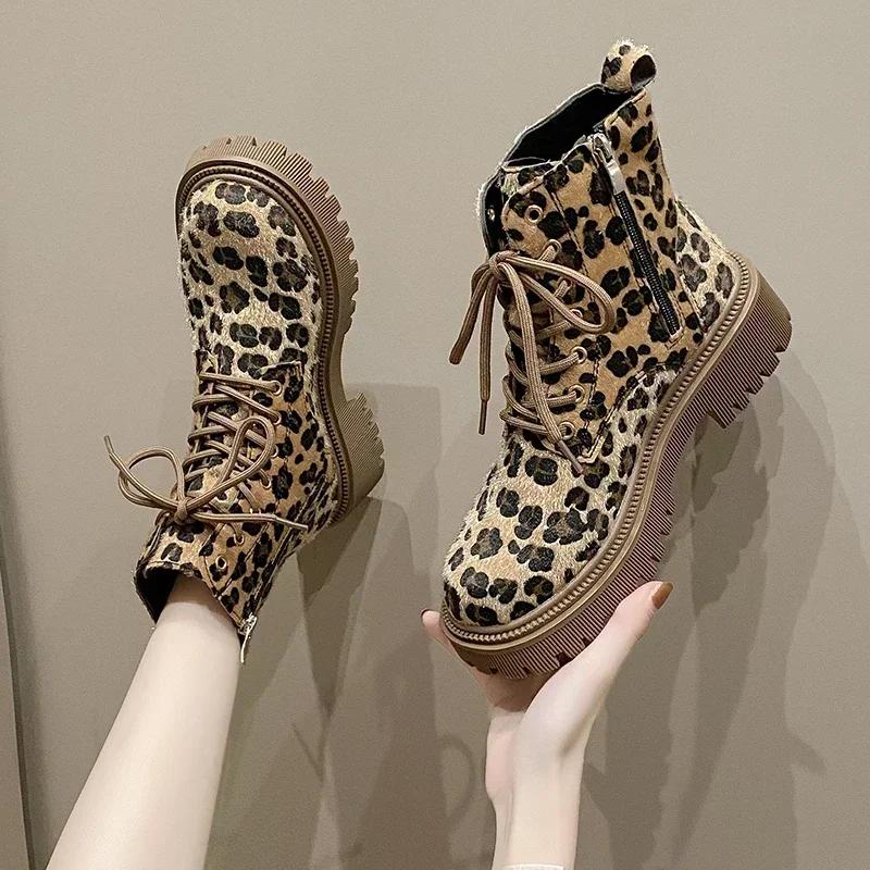 2024 New Lace Up Zipper Women Boots Round Toe Mixed Colors Leopard Print Platform Water Proof Fashion Boots Shoes for Women