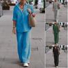 2 Pcs/Set Women Shirt Pants Set Solid Color Loose Wide Leg Lapel Long Sleeve Casual Elastic Waist Thin Soft Breathable Fall Spring Top Trousers Suit