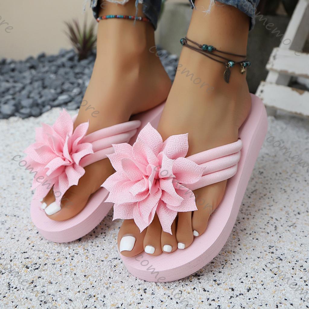 Fashion Comemore 2025 New Women's Thick Sole Slides Flower Decor Comfortable Home Slippers Casual Lightweight Beach Flip Flops Women