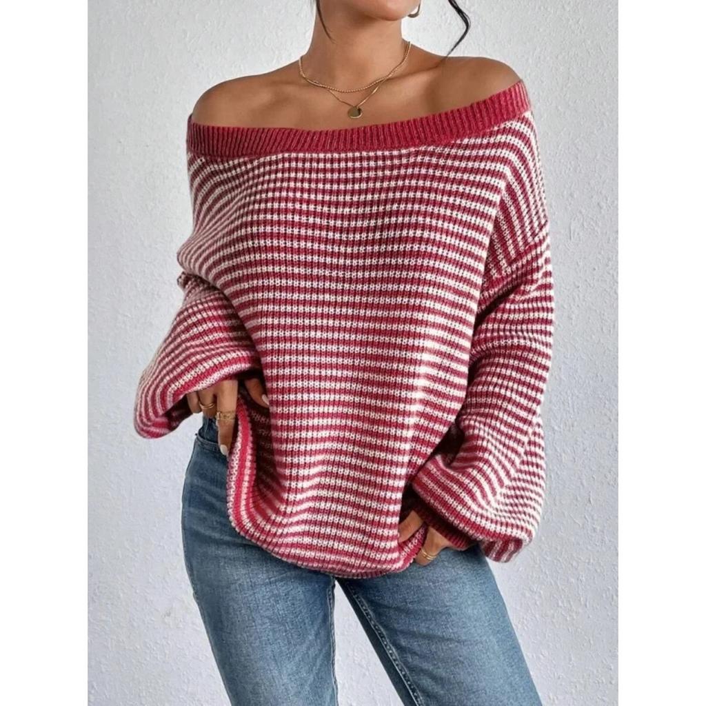 Versatile Knitted Top One-Row Neck Lace-Up Style Sweater Loose Fit Striped Lantern Sleeve Tops