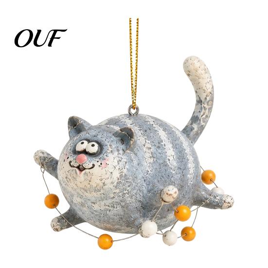 Christmas Tree Hanging Decoration Flying Chubby Cat Ornament, Vintage 2D Acrylic Kitten Pendant with Blue Style Decor Stripe Design, Cute Car
