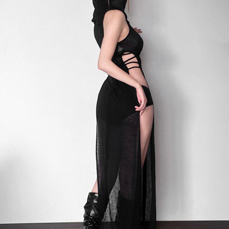 AltGoth Coquette Dark Gothic Сексуальное Платье Женское Винтажное Y2k Cyberpunk Прозрачное Трикотажное Платье с Вырезом И Разрезом С Высокой Талией И Капюшоном