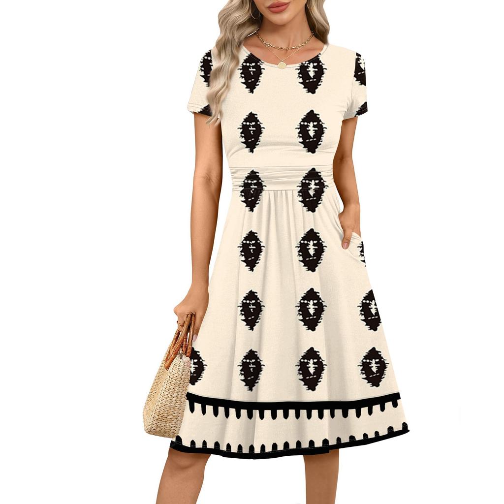 Женское повседневное модное платье миди А-силуэта с круглым вырезом, плиссированными короткими рукавами и богемным стилем
