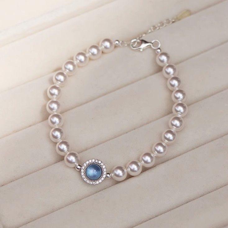 Блестящий элегантный жемчуг синий камень браслет для женщин свадебная вечеринка ювелирные изделия подарок