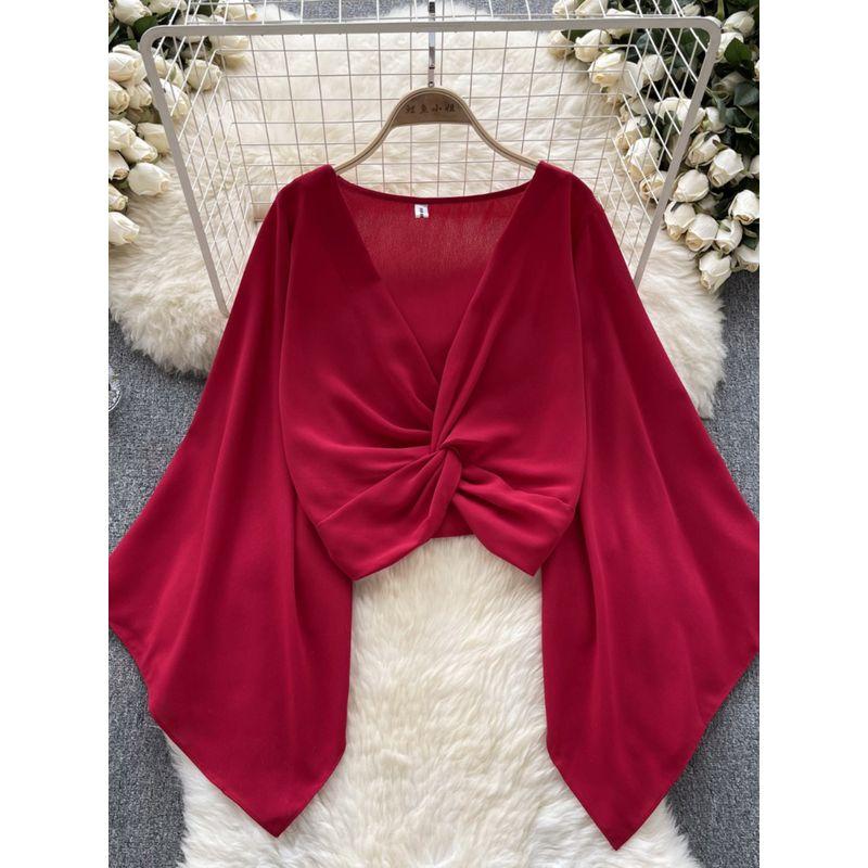 Niche Style V-neck Knot Flared Chiffon Long Sleeves Shirt