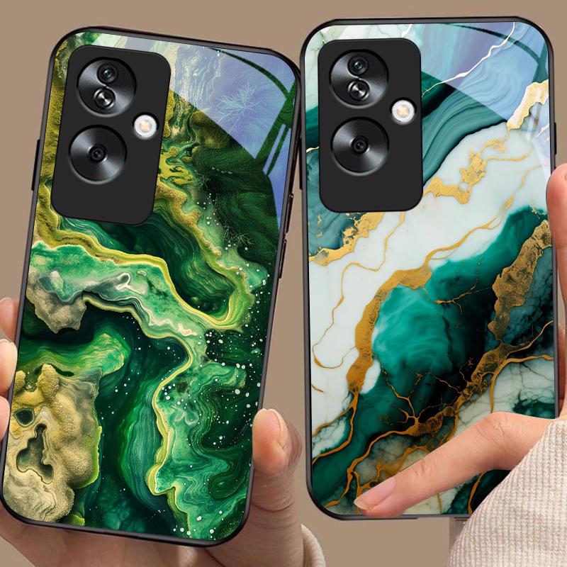 Зеленый мрамор для Oppo A79 5G 58 78 74 60 4G Reno 11F Realme GT 6 11 Note 50 10 C55 X2 Закаленное стекло Черный чехол для телефона