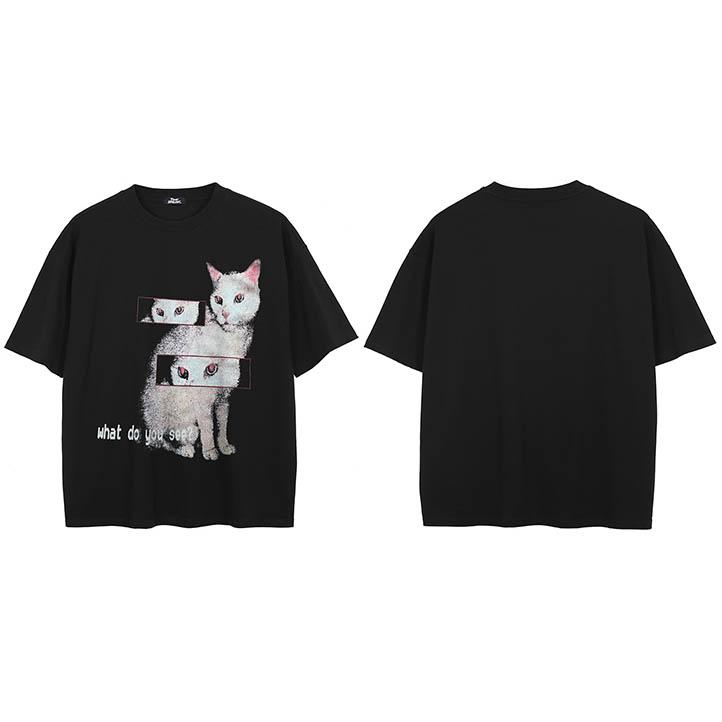 Hip Hop Faded Black TShirt Streetwear Animal Graphic T Shirt Cat Eyes Printed Men Tshirt Cotton Tops Tees Hipster