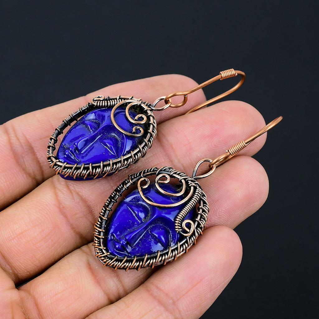 Natural Blue Cameo Face Gemstone Handmade Copper Wire Wrap Earring 2.44 b4O70