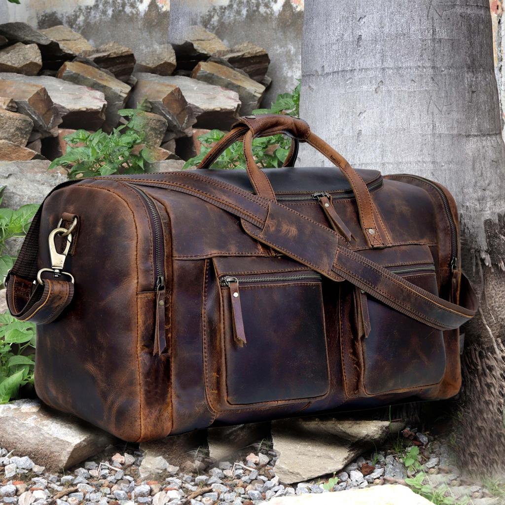 Handmade Top Grain Leather Duffel Bag: Retro Travel Weekender
