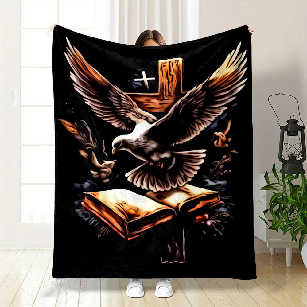 A dove, an open book, and a wooden cross with a glowing background. for all seasons blanket lunch break throw gift