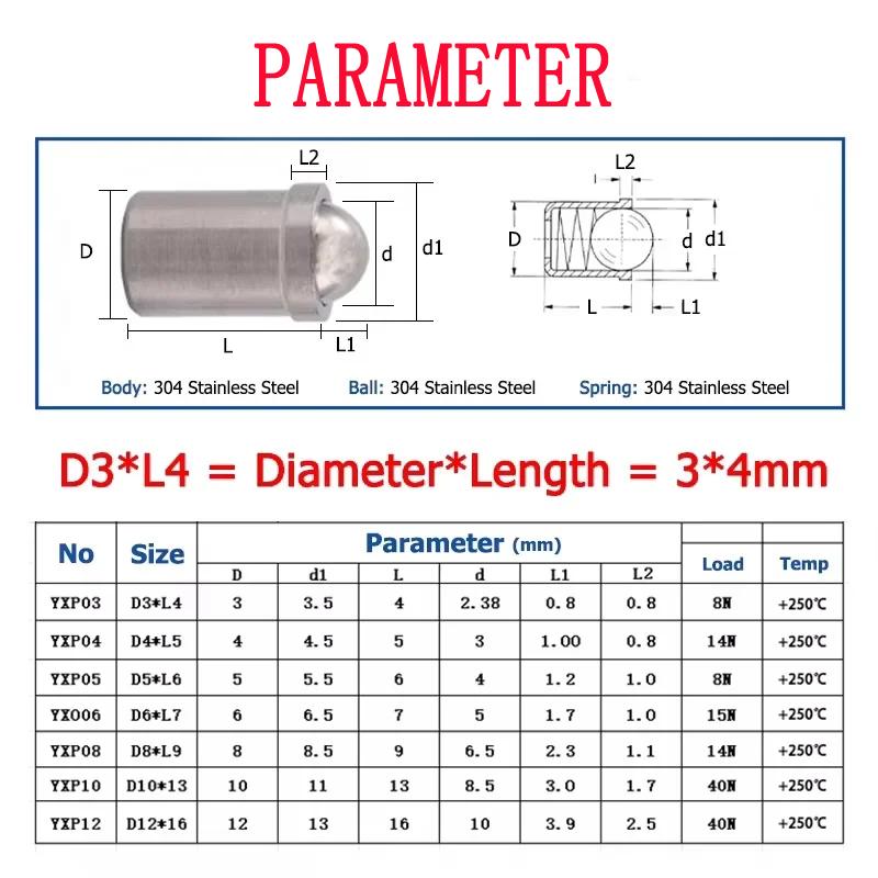 Шариковые толкатели из нержавеющей стали 304 (D3-D12) - Пружина сжатия, Защелкивающееся соединение, Шарик из ПОМ