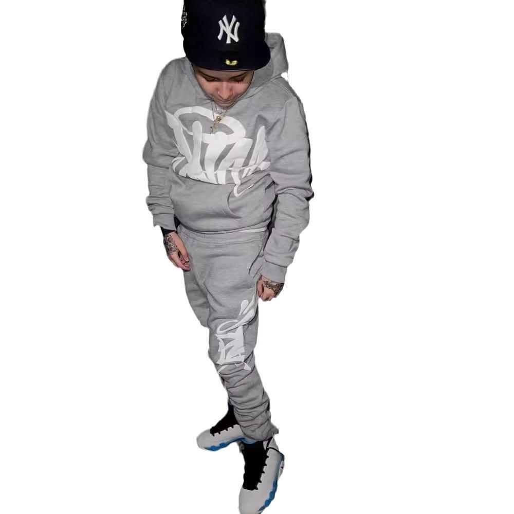 American retro personality street hip hop autumn trend European print hooded sweater suit men and women the same trend