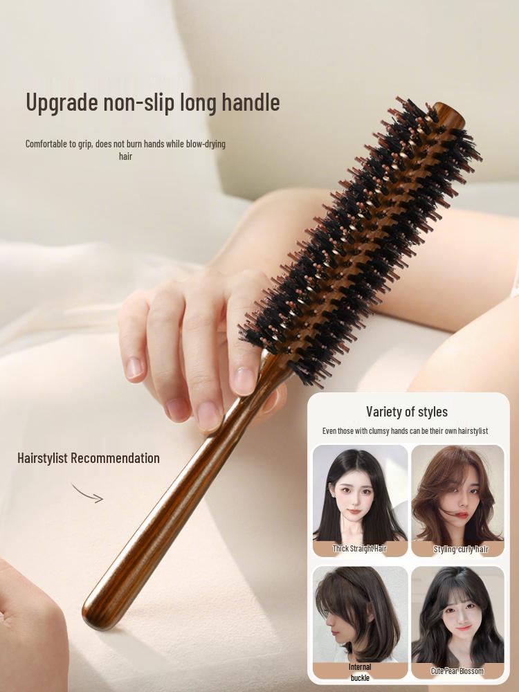 2025 Wooden Boar Bristle Anti-Static Curling Comb for Women's Long Hair - Round Barrel Hair Styling Roller