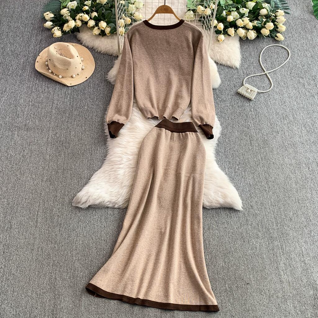 Autumn Winter Women Casual Knitted Sweater Two Piece Set V-neck Pullover Tops and Long Maxi Big Swing Skirt Suit