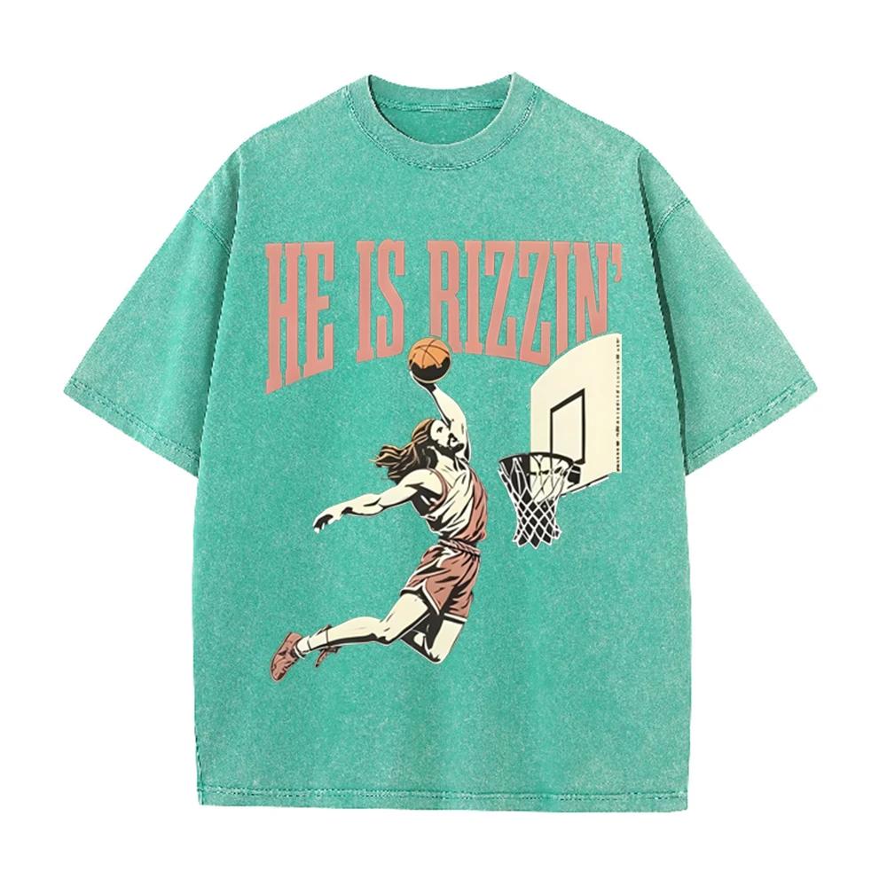 2026 He Is Rizzin Vintage Dunk Basketball Player Graphic Black Washed T Shirt Funny Sports Meme Casual Oversized Unisex Short Sl